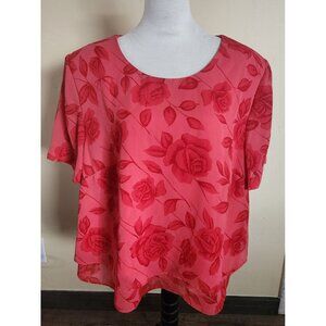 Vintage Kathie Lee Red Floral Cottagecore Blouse Short Sleeve Women's Size 24W